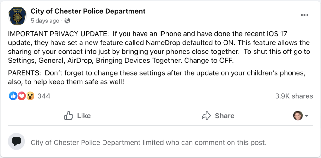 City of Chester Police Department Facebook Page Post on November 30, 2023.